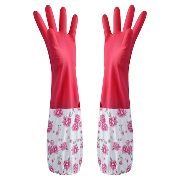Tunhigl Flower Rubber Velvet Long Cleaning Gloves - Eco-Friendly, Non-Slip Dishwashing Gloves for Kitchen, Laundry, Car Wash & More | Comfortable Household Cleaning Gloves with Cotton Lining Pink