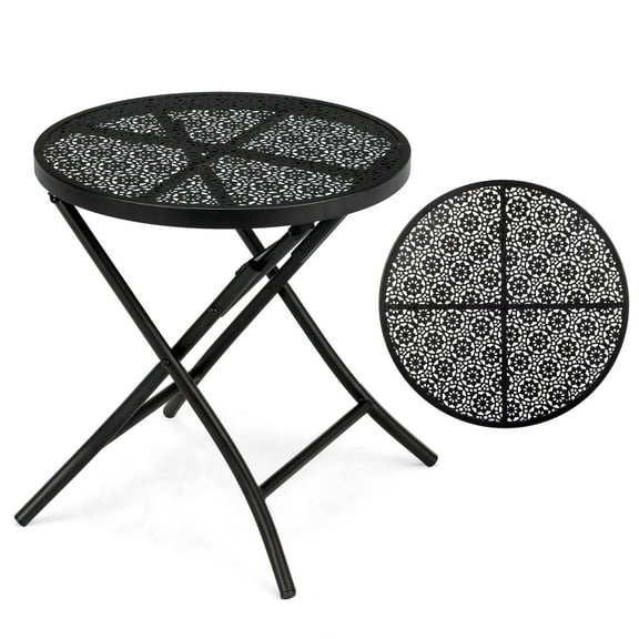 Qiushi Round Metal Steel Coffee Table with Flower Cutouts, Black-1 Piece
