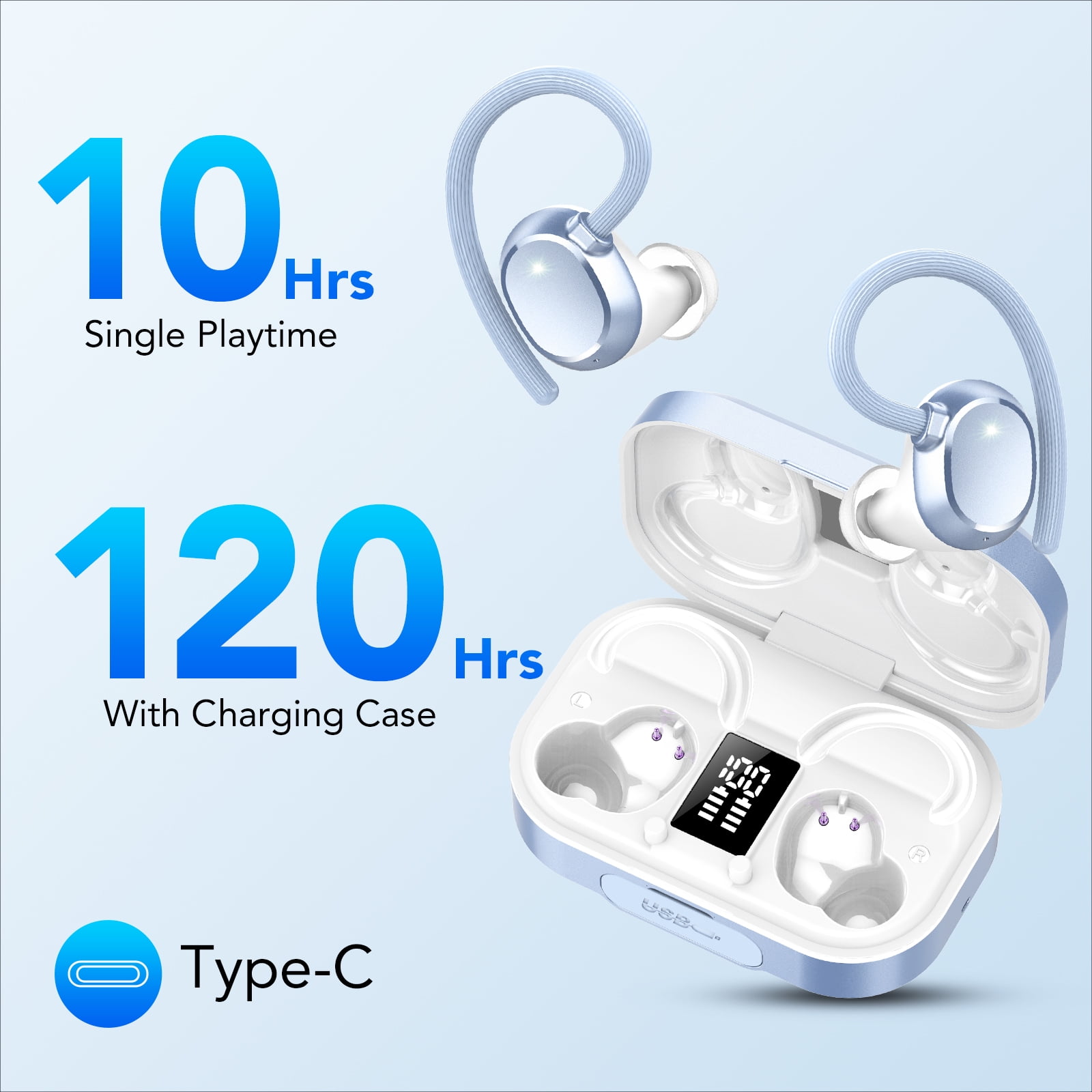 Tikland Wireless Earbuds 120H Bluetooth Headphone Sport, 2025 Bluetooth Earbuds Stereo Deep Bass Over Ear Bud with Earhooks, ENC Noise Cancelling, IPX7 Waterproof Earphone for Workout/Running Blue