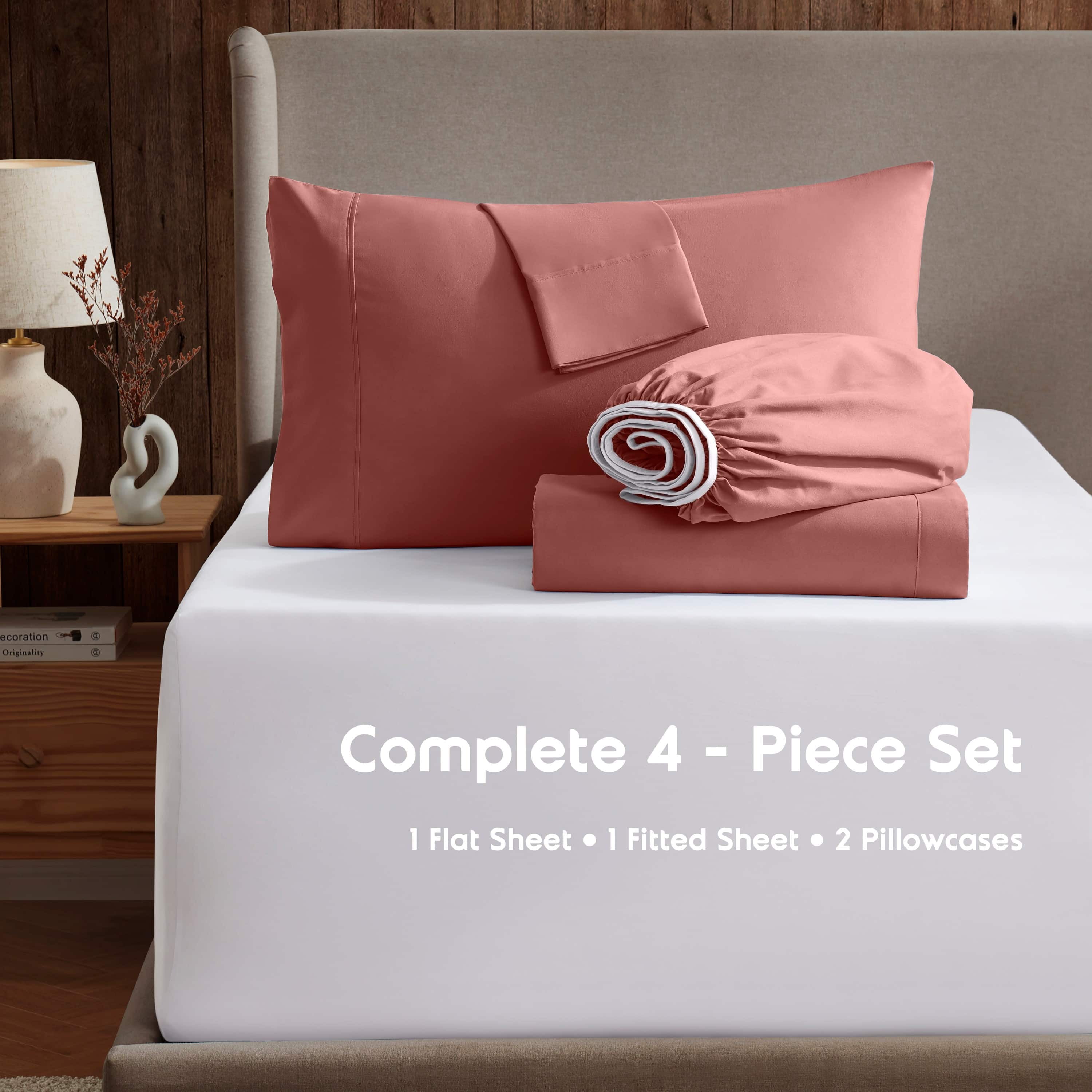 LammaLoe Extra Deep Pocket King Sheets Set, 4 Piece, Fits 18"-24" Mattress, Breathable & Extra Soft Bed Sheets, Pink Clay