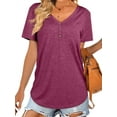 thumbnail image 3 of HUBERY Women Solid Color V Neck Front Buttons Short Sleeve T-Shirt, 3 of 6