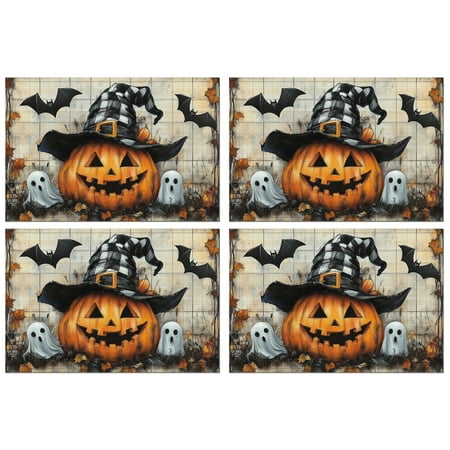 

Happy Halloween Pumpkin Bat Spider Ghost Placemats Set of 4 12x18in Inch Seasonal Fall Holiday Table Mat Durable No Slip Table Mats for Wedding Restaurant & Camping