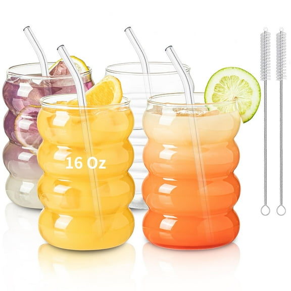 KEMORELA 4PCS, Wave Bubble Beverage Glasses With Straws,Iced Coffee Cups, Drinking Glasses For Juice, Milk, Tea, And More, Summer Winter Drinkware,Ideal For Beer , Soda, Tea, Gift