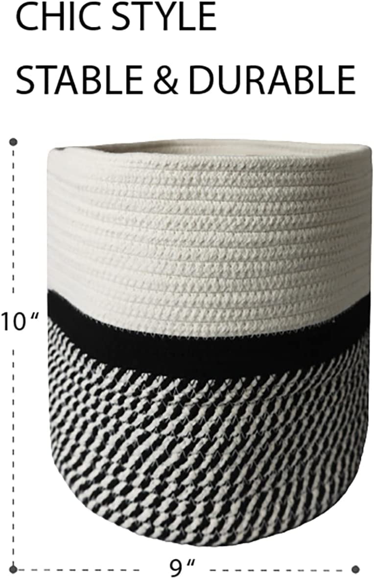 omh ORGANIZE MY HOME Decorative Baskets for Plants| 9- & 11-inch Pots for Indoor Plants | Floor Planter Pot Cover | Rope Plant Basket for Indoor (Small 9" Round, Ivory/Black)