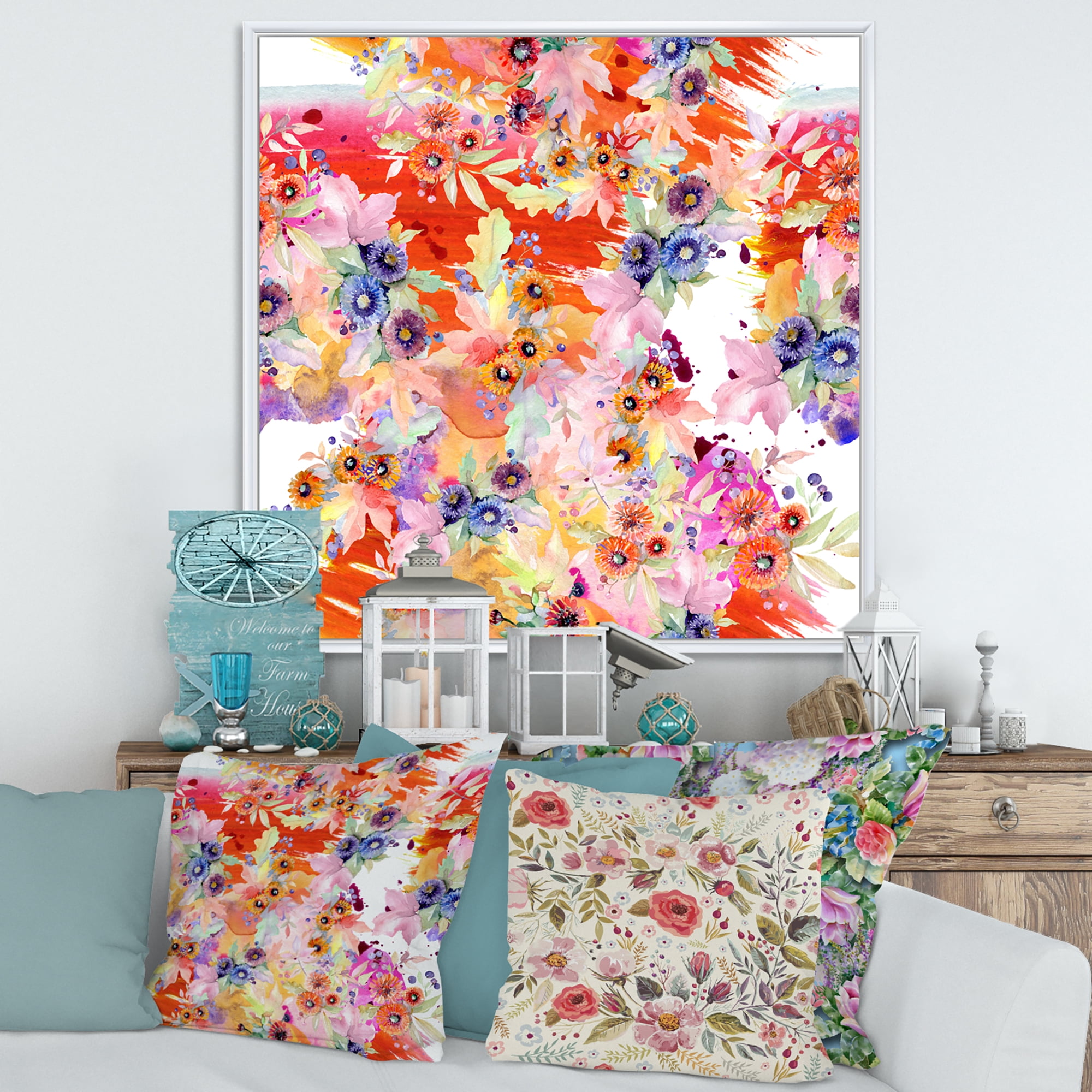 Wildflowers and Vibrant Wild Spring Leaves VI 30 in x 30 in Framed Painting Canvas Art Print, by Designart