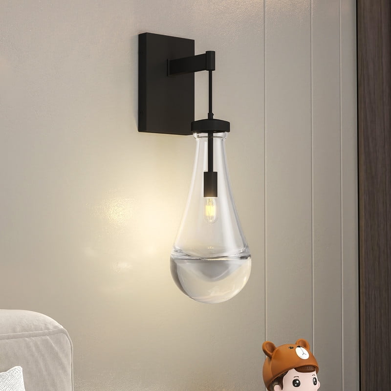 TICOZE Modern Raindrop Wall Sconce Light, Black Bronze Bathroom Light Fixture with Clear Handblown Glass Shade, Dimmable LED Vanity Mirror Light for Bedroom, Hallway, Stairway, Living Room
