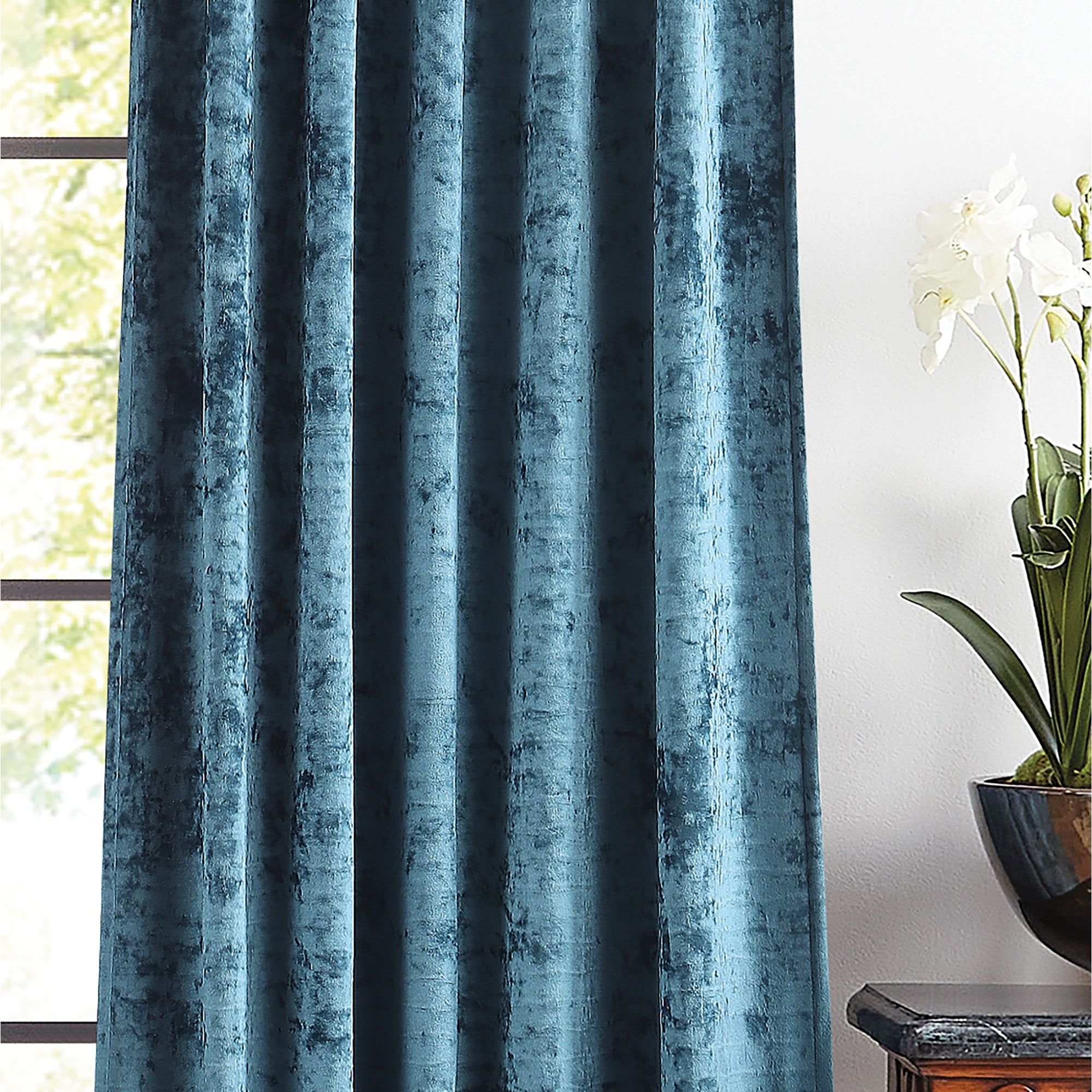 Martha Stewart Wave Embossed Velvet Curtain Panel Pair, Blue, Pole Top/Back Tab, Room Darkening, Indoor, Adult, 2 Piece Set, 37" x 84"