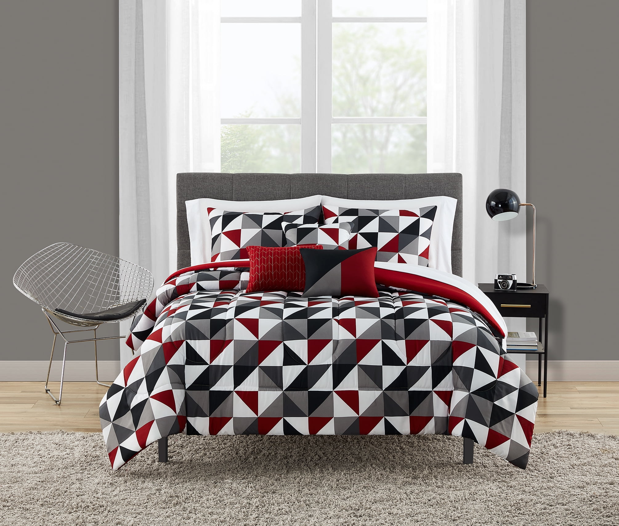 8 Piece Bed In Bag Gray & Red Teen Boys Stripe Reversible Queen Comforter Set 