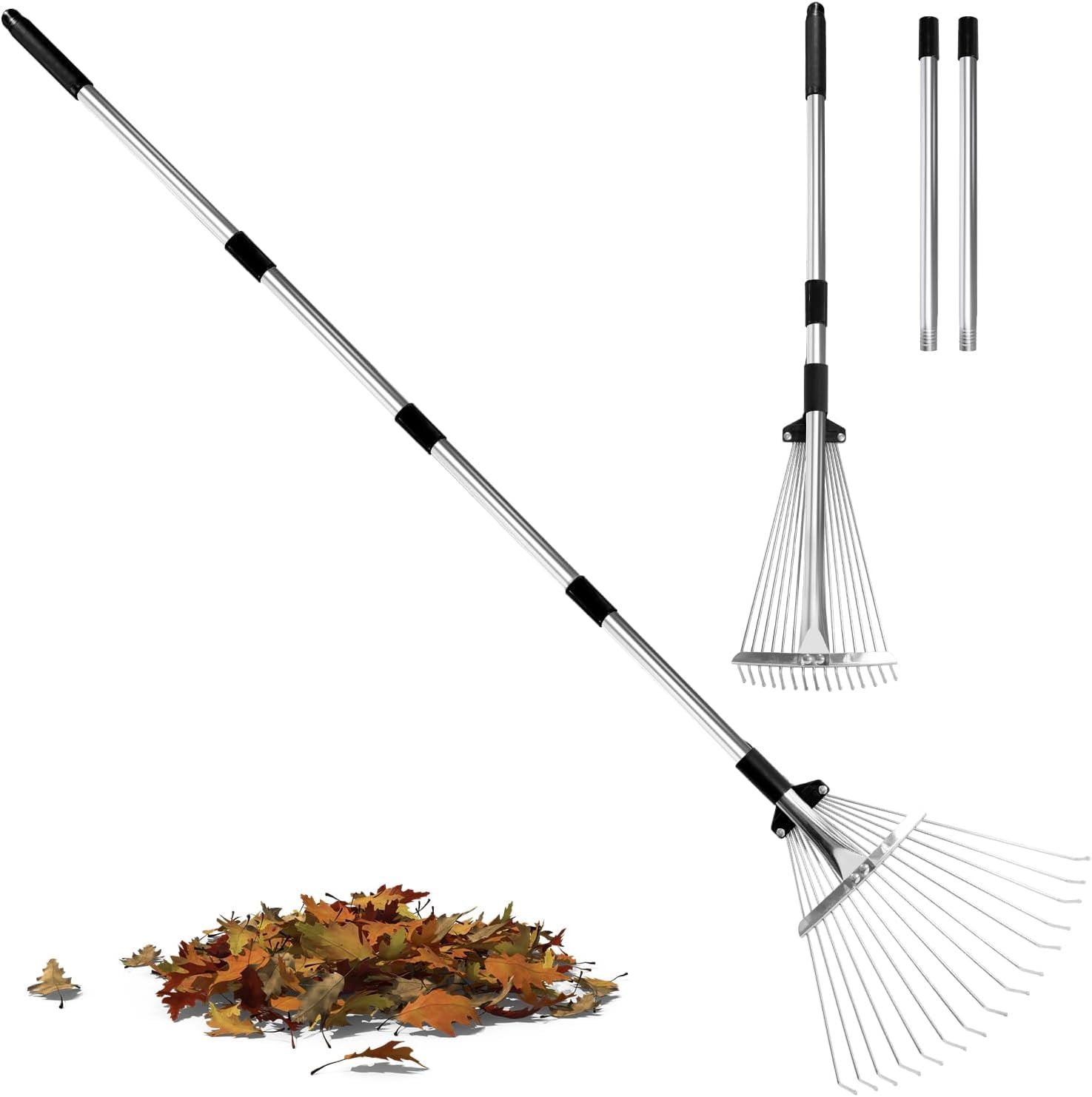RGHJAR-Leaf Rake Adjustable 23" to 75" - Stainless stelel Rake for Leaves, Garden Tools for Yard Lawn Shrub Garden Beds, Rastrillo para Jardin