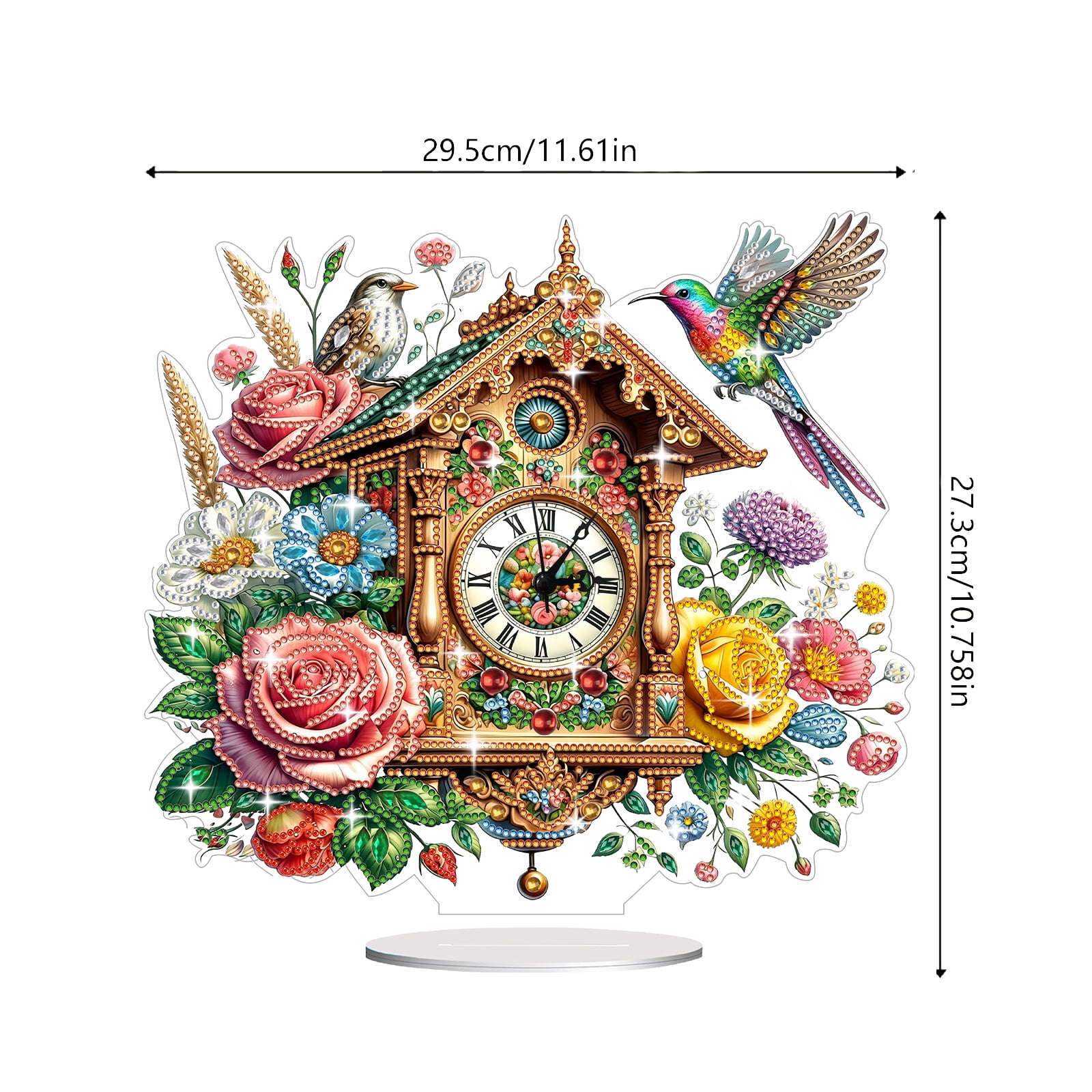 FLOPESN DIY Diamond Art Painting Desk Decor, 11.61*10.75 inch, Clock with Vintage Flowers and Birds Theme, Creative PET Table Ornament