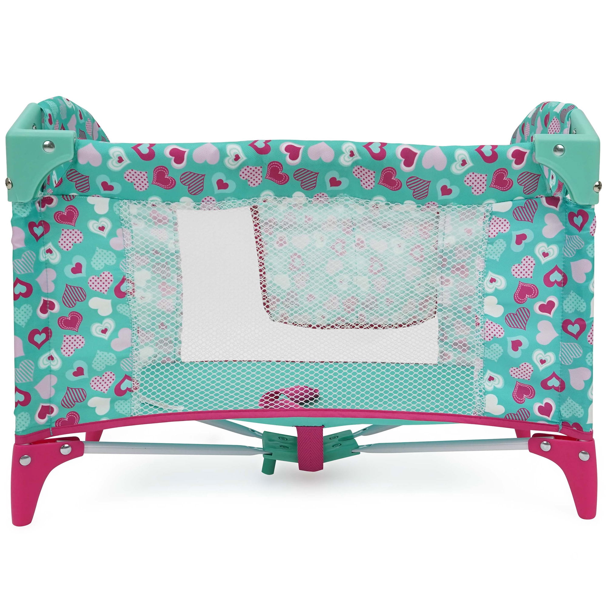 509 Crew: Mint Heart - Dream n' Fun Doll Play Yard - Pink & Green, Portable Sleep Crib, Storage Pockets, Toys-Dolls-Stuffed Animals Accessory, Kids 3+