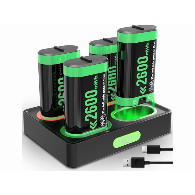 Rechargeable Battery Pack Charger Station for Xbox Controller, 4 x 2600mWh Rechargeable Batteries for Xbox Controller Battery Pack for Xbox One/Xbox Series X|S/Xbox One S|X/Xbox One Elite