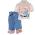 thumbnail image 5 of Conjunto de camiseta y pantalones vaqueros con estampado de dibujos animados, novedad de verano, ropa para niños, pantalones superiores para niña, traje de barbilla continental, 5 of 5