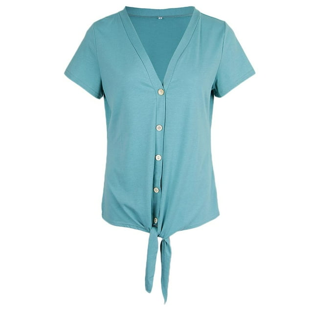 Camiseta Henley para mujer, blusa de manga corta larga con nudo delantero, cuello en V y botones S verde
