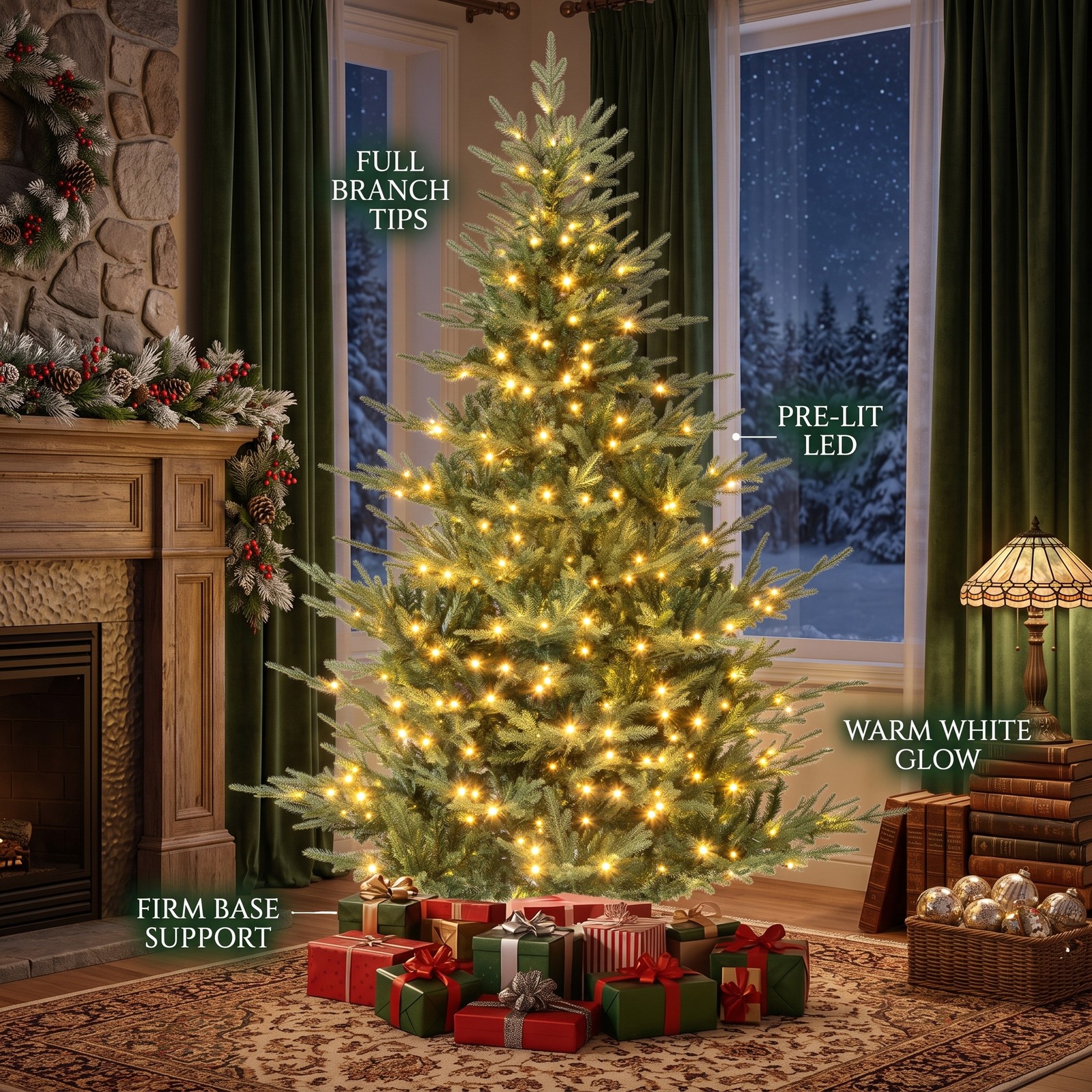 RUIE 7 FT Pre-Lit Artificial Christmas Tree with 350 Warm White LED Lights, 1102 Branch Tips, Hinged Full Spruce Xmas Tree with Metal Stand for Home Holiday, Green