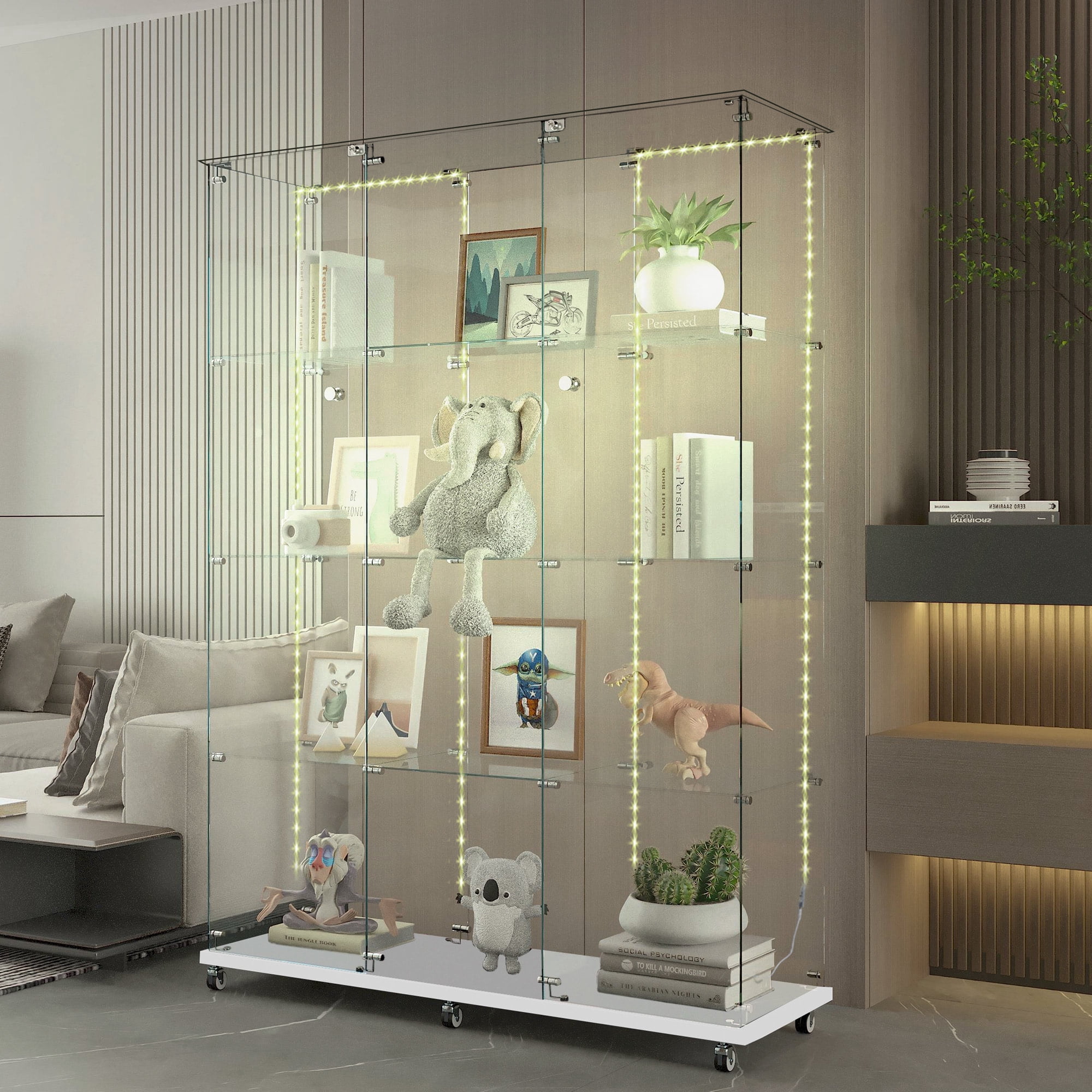 MAYEERTY 4 Tiers Glass Display Cabinet with Bluetooth LED Light Strip, Curio Storage Cabinet with 3 Door Wheels and Lock, Tempered Glass Top, White