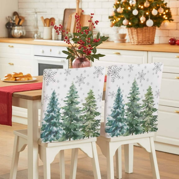 Green Christmas Tree Chair Covers Set of 6 Xmas Pine Trees Grey Winter Snowflakes Chair Back Covers Stretch Removable Washable Slipcovers Protector for Dining Room Kitchen Party Decor