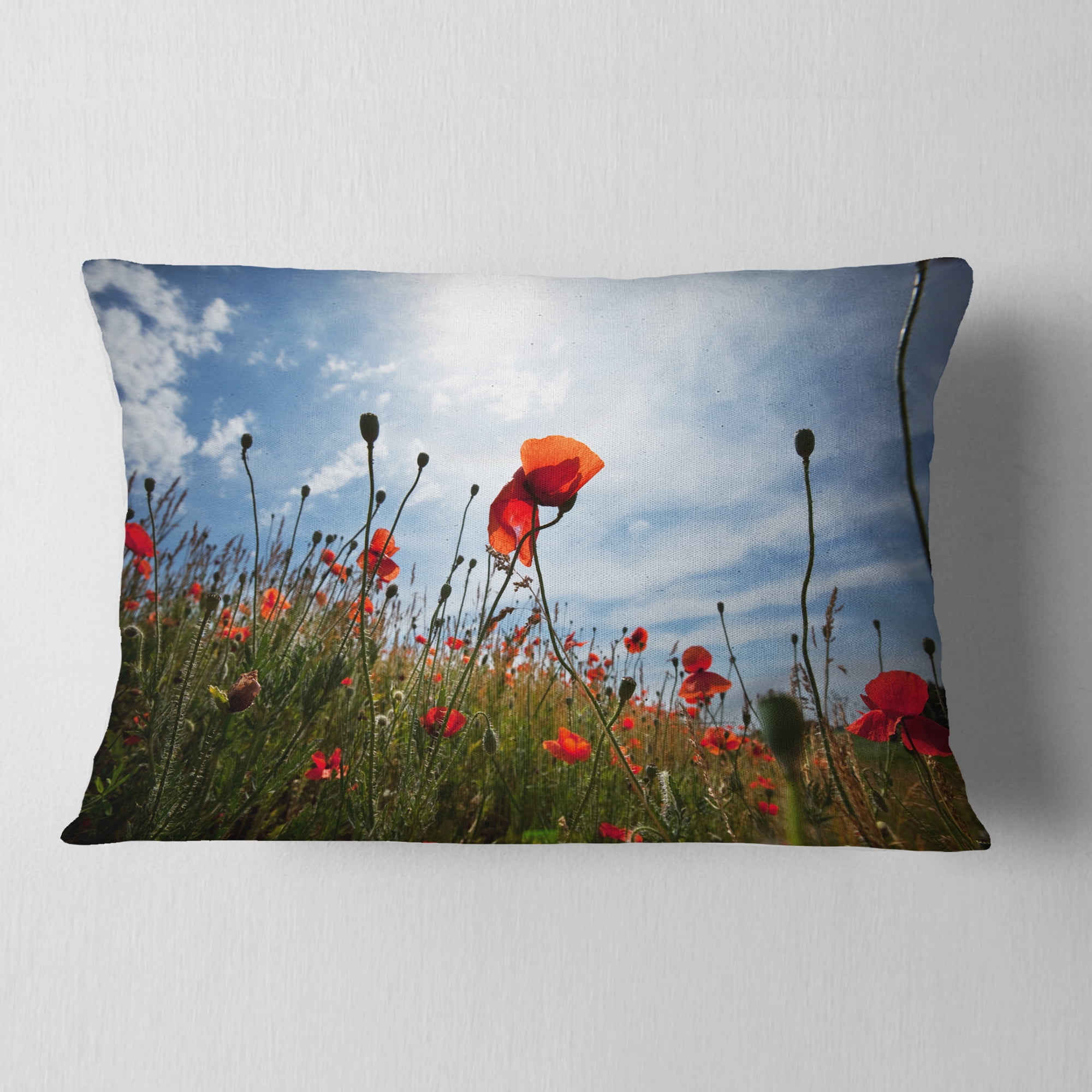 Designart Poppy Flower Field View From Ground - Floral Throw Pillow - 12x20