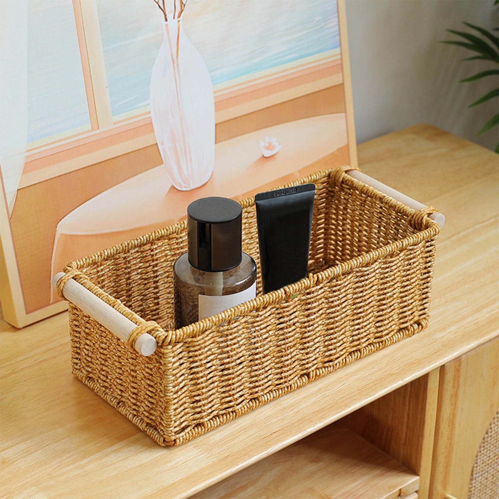 Hand Woven Seagrass Desktop Storage Basket with Handles for Bathroom Kitchen Home Office Counter Organizer for Toiletries Snacks Stationery Natural Rustic