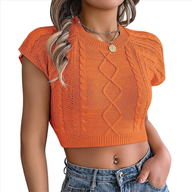 Suéter de Verano de Corta con Cuello Redondo, Corta, Tejido de Punto y Corte Ajustado, Elástico, de Color Liso para Mujer. Color Naranja M