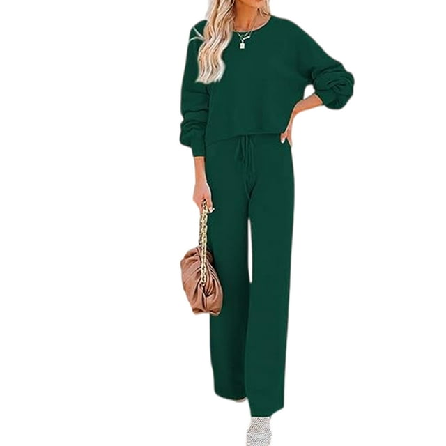 Fashnice Ensembles de Survêtements pour Femmes Col Rond Ensemble de Jogging à Manches Longues Coupe Ample Haut Court Pantalon Grand Vert Foncé L