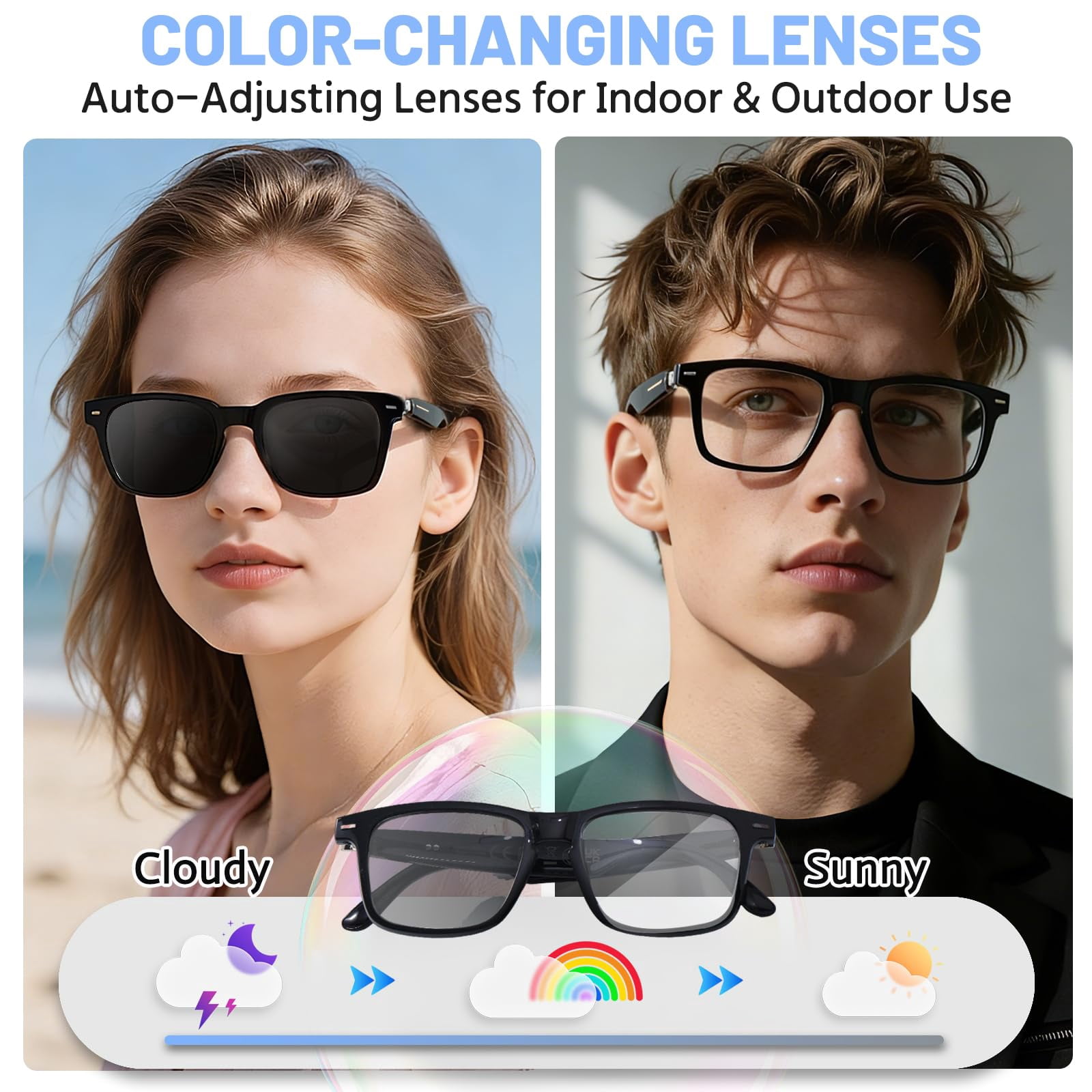 AI Smart Glasses for Men & Women – Powered by ChatGPT, 164+ Languages Translation and Photochromic Lens, Meeting Assistant, Bluetooth Glasses w/ Music & Hands-Free Calling, UV & Blue Light Protection