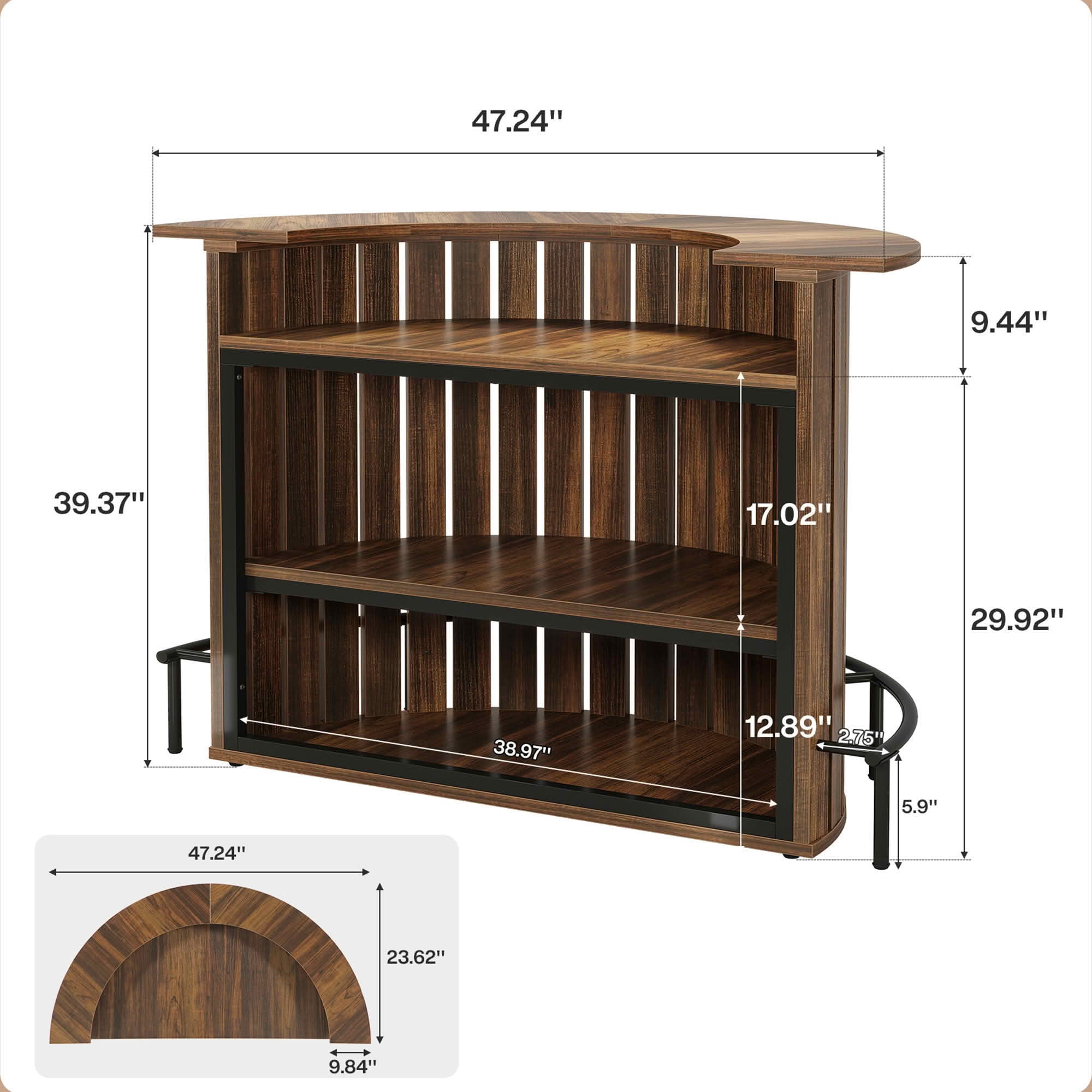 MAYEERTY Arc-Shaped 4-Tier Storage Mini Bar Table, Modern Rustic Home Bar Cabinet with Footrest & MDF Construction