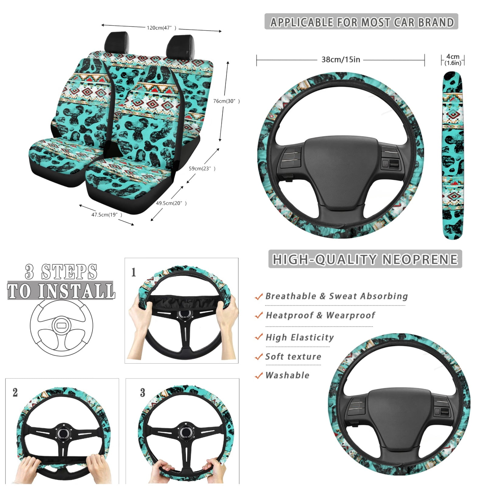 Jeiento Aztec African Tribal Car Interior Sets Car Front Back Seat Covers Steering Wheel Cover Seatbelt Shoulder Pad Trash Bin Cow Print Rearview Mirror Cover Coasters Keychain Lipstick Holder 13pcs