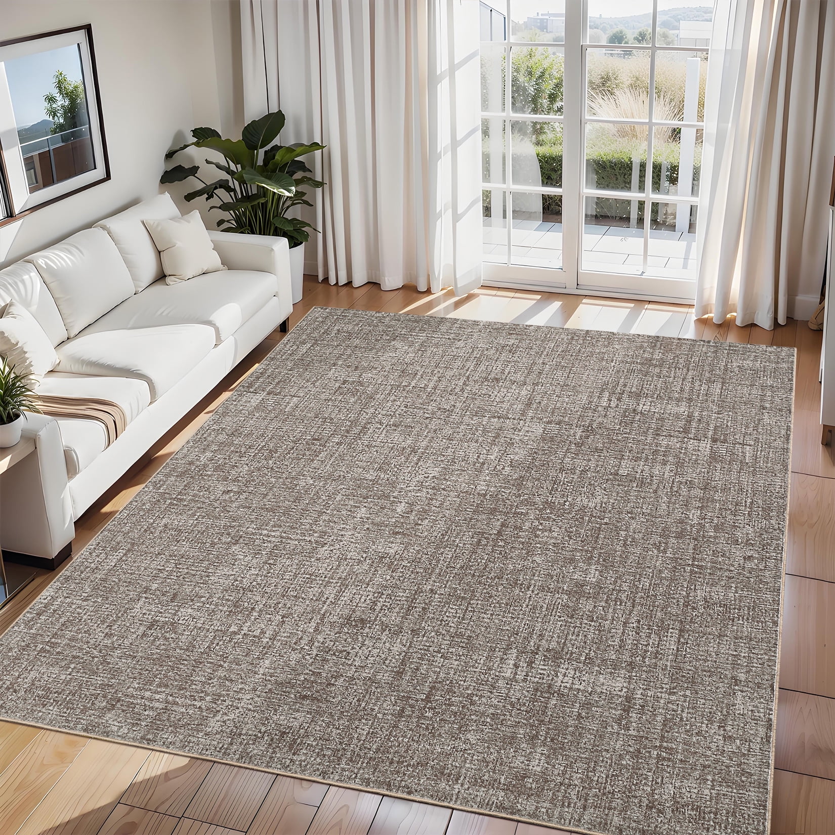 Senfot 5x7 Solid Area Rug Washable Non-Slip Stain Resistant Low Pile Soft Foldable for Living Room Bedroom Office Brown