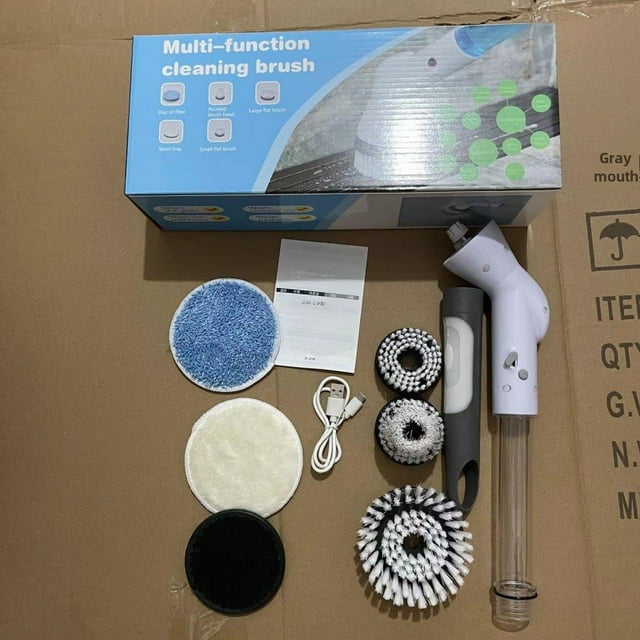 Brosse de Nettoyage Électrique Sans Fil pour Salle de Bain et Planchers avec Long Manche Rétractable, Rotation Automatique, 5 Têtes Interchangeables, Distributeur de Détergent - Outil de Nettoyage Ménager Multifonction Blanc pour