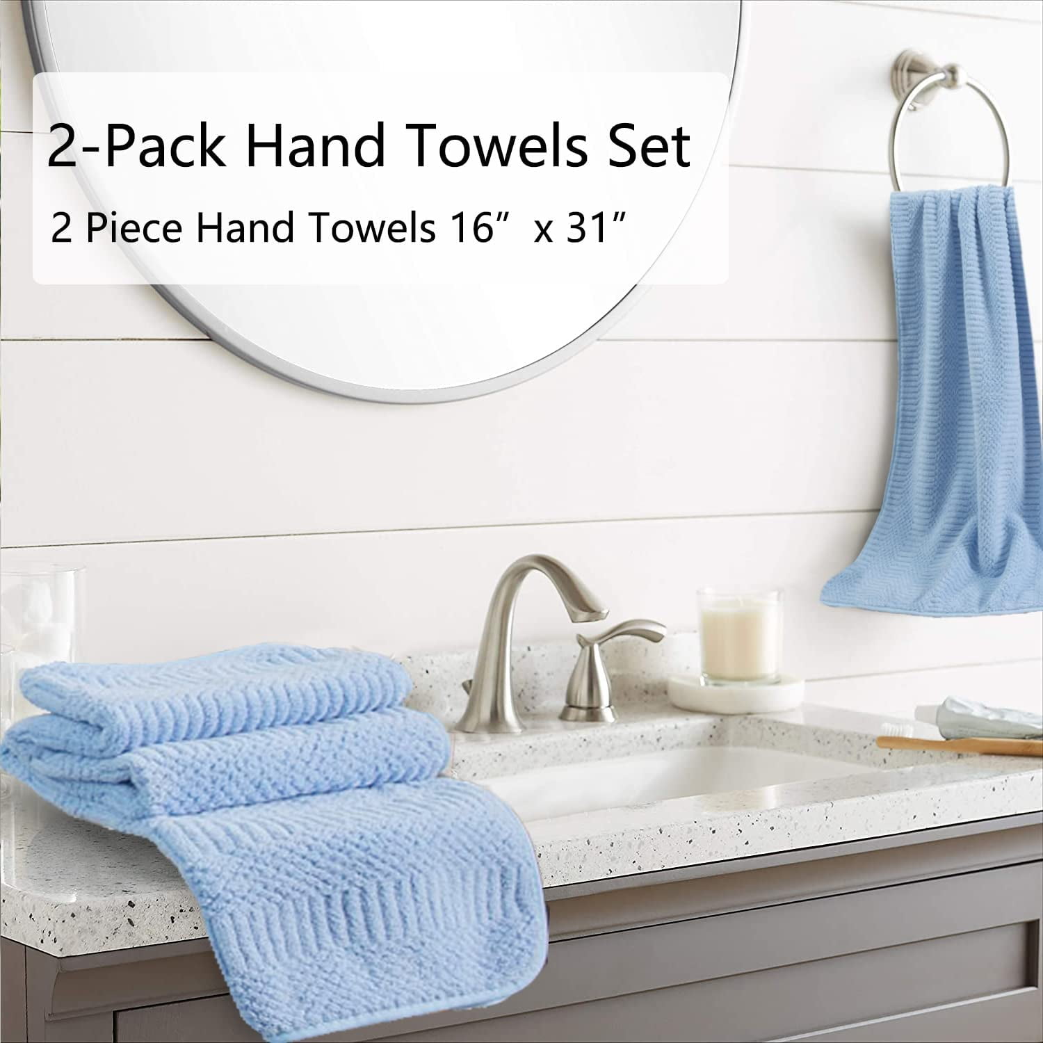 Jessy Home 2 Pack Blue Hand Towel Set 16"x31" Soft Highly Absorbent Quick Dry 200 GSM Hand Towels