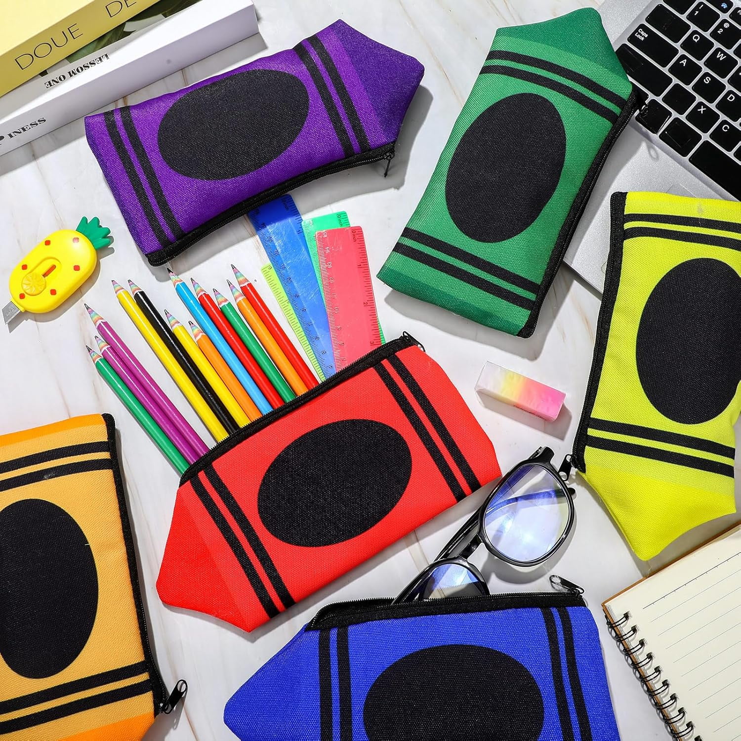 12 Pcs Crayon Pencil Pouch Case Crayon Shaped Bag with Zipper Teacher Appreciation Gifts Back to Colorful Stationery Storage Bag Bulk for Students Teacher Rewards Office Supplies