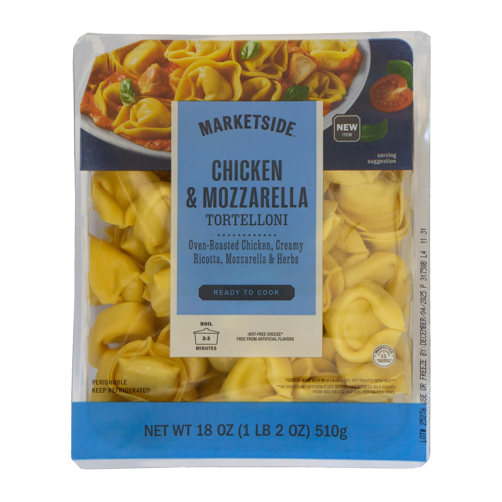 Marketside Chicken and Mozzarella Tortelloni, No Artificial Ingredients, 18 oz Tray