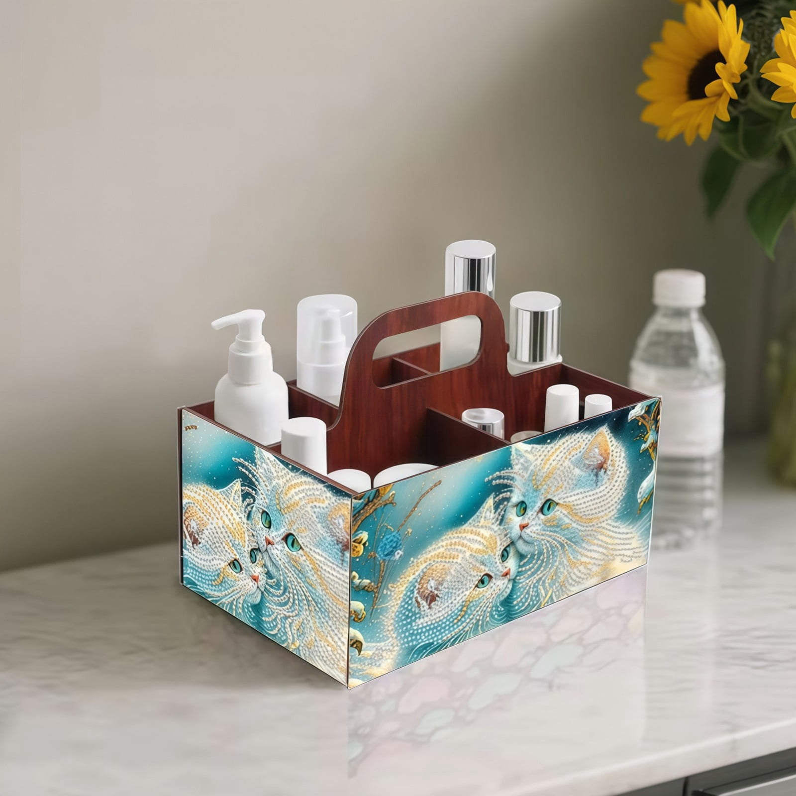 FLOPESN DIY Cat Diamond Art Painting 5 compartments Wooden Storage Box, 9.44*8.14in, Practical Rectangular Assembly Portable Multi-Grid Box