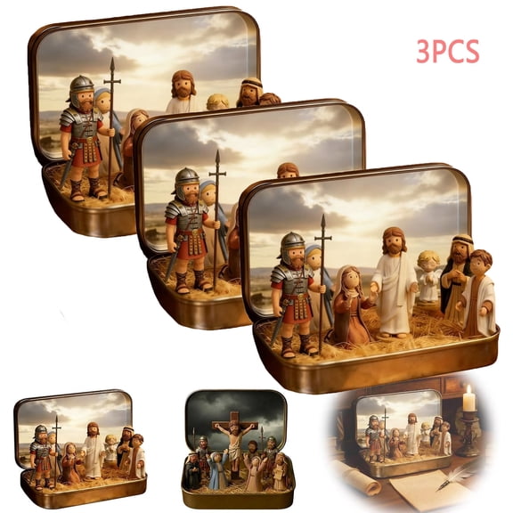 Little Saints in a Tin, Mini Easter Jesus Classic Scenes, Miniature Easter Scene in a Tin Box, Pocket Resin Nativity Sets Figures for Religious Home Office Tabletop