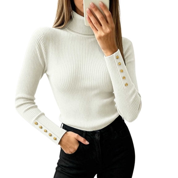 HAYIMI Women Turtleneck Ribbed Knit Sweater Long Sleeve Button Slim Fit Stretch Casual Fall Winter Pullover Tops Dailywear