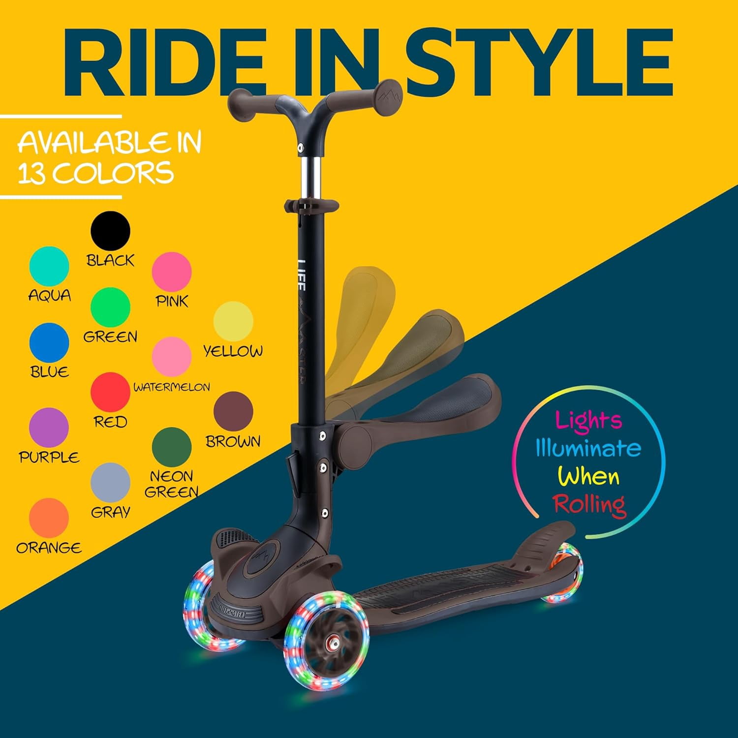 Lifemaster 3 Wheel Kids Scooter with Foldable Seat, Adjustable Handlebar, Lean-to-Steer LED Light-Up Wheels, Wide Anti-Slip Deck for Ages 2+