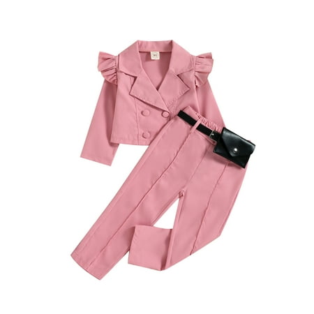 

Canrulo Toddler Baby Girls Blazer Casual Suit Long Sleeve Ruffle Button Jacket Blazer Tops High Waist Pants with Belt Bag Set Pink 4-5 Years