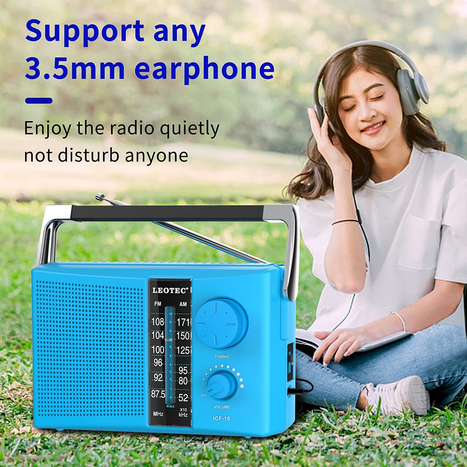Leotec AM/FM Portable Radio, AC or Battery Powered, Blue photo 3
