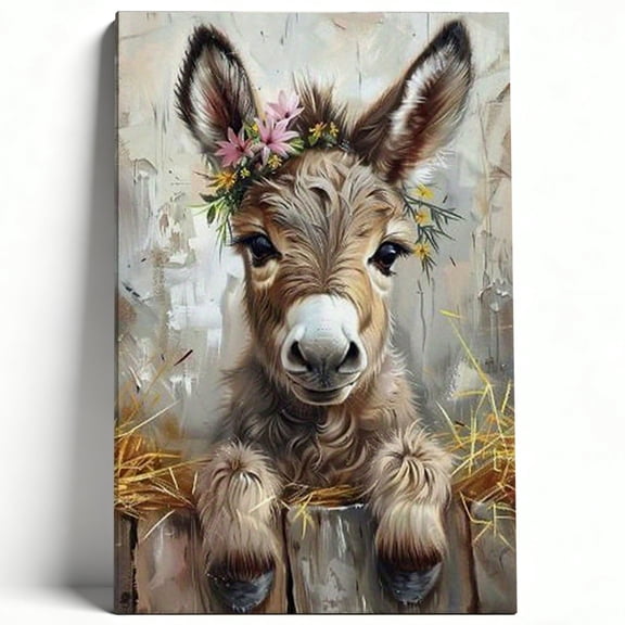 Cute Baby Donkey Canvas Wall Art Whimsical Animal Painting Floral Crown Nursery Kids Room Barnyard Farmhouse Decor Print Ready to Hang 8*12
