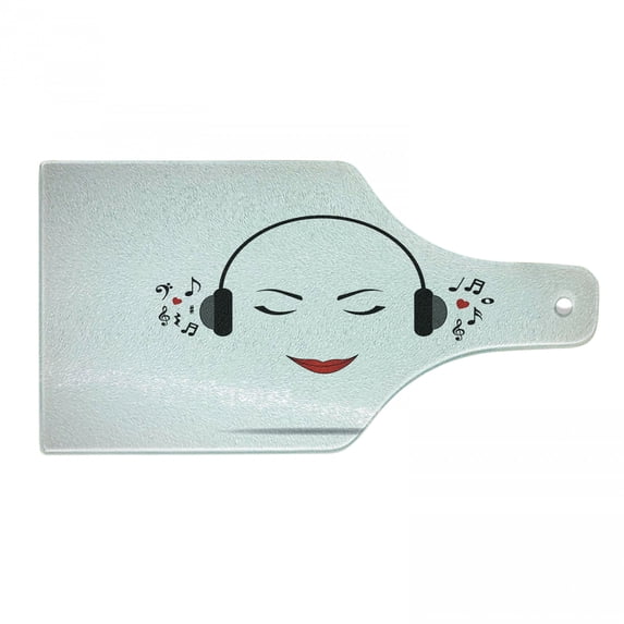 Music Cutting Board, Young Lady Listening to Music Earphones Smiling Close Eyed Girl Enjoy Melody Theme, Tempered Glass Cutting and Serving Board, Wine Bottle Shape, Black White, by Ambesonne