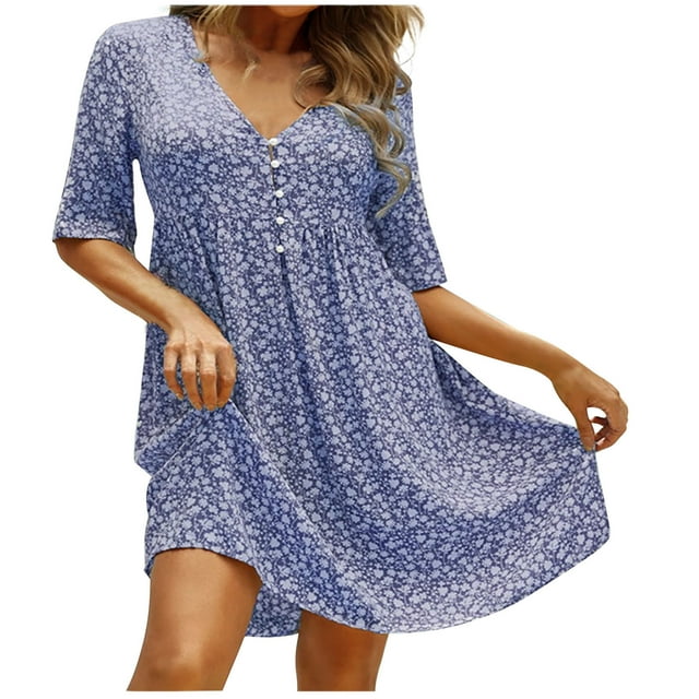 Birdeem Women Summer V-Neck Solid Short Button Gentle Temperament Floral Dress