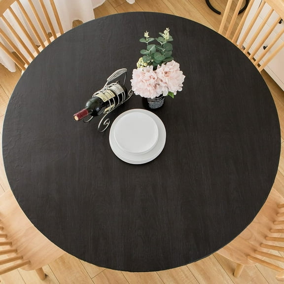 Round Vinyl Fitted Tablecloth with Flannel Backing Elastic Edge Plastic Table Cover - Black Wood - Waterproof Table Cloth Stain-Resistant Wipeable for 45"-52" Round Table