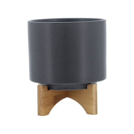Planters For Outdoor Plants 8 PLANTER W/ WOOD STAND MATTE GRAY Gray Garden Pots Ceramic Indoor Garden Pots Garden & Outdoor Garden Supplies Garden Pots & Planters