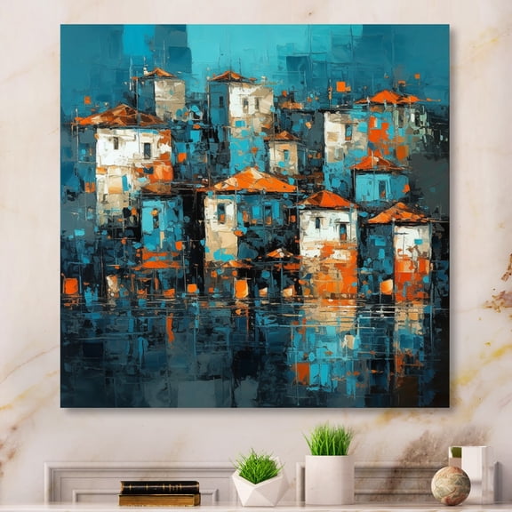 Designart "Blue And Yellow Art Deco Cityscapes Unveiled III" City Art Deco Canvas Wall Art