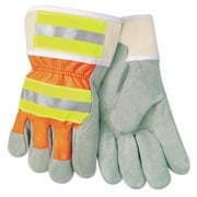 MCR Safety Luminator Reflective Gloves, Economy Grade Leather, Gray-Orange-Yellow, LG, 12PR