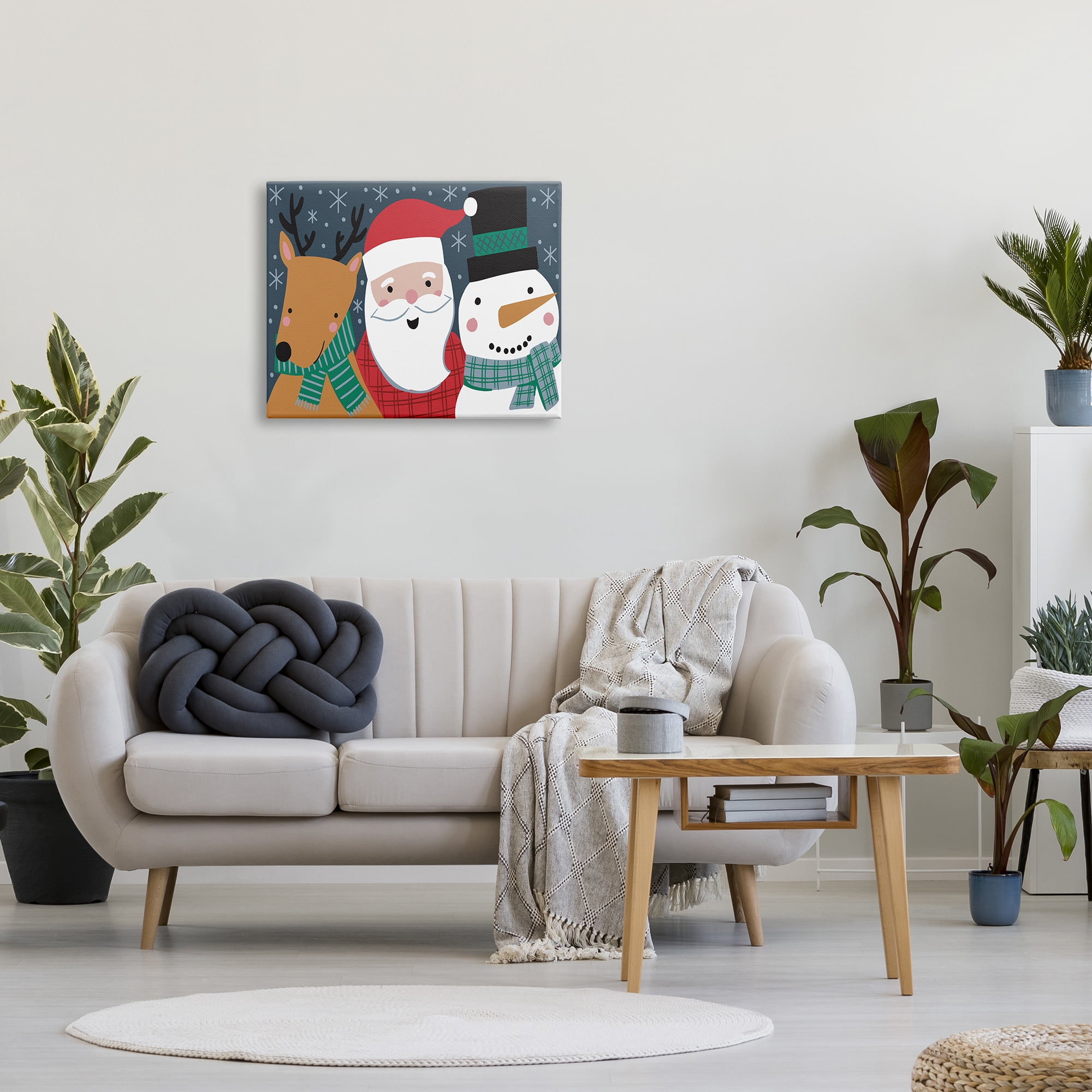 Stupell Industries Happy Christmas Trio Santa Reindeer Snowman Winter Holiday Painting Gallery Wrapped Canvas Print Wall Art, 24 x 30