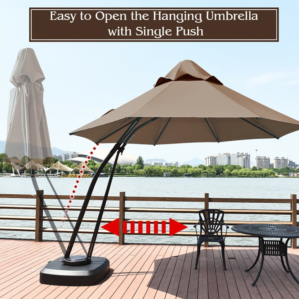 Aimee Lii 11 Feet Outdoor Cantilever Hanging Umbrella with Base and Wheels, Sunbrella Patio Umbrellas, Tan Aimee Lii 11 Feet Outdoor Cantilever Hanging Umbrella with Base and Wheels, Sunbrella Patio Umbrellas, Tan