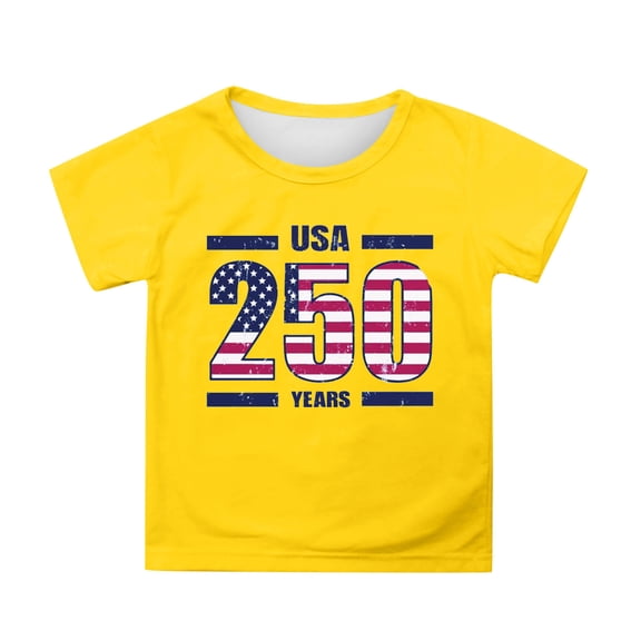 FINALGANG Boys Girls Kids 250 Years American Flag Print Independence Day T-Shirts Casual Crewneck Short Sleeve Tees For Holiday Daily Wear Yellow 6-7 Years