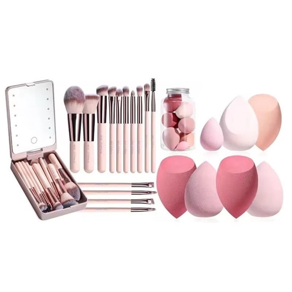 Travel Makeup Brush Set Foundation Powder Concealers Eye Shadows Makeup Set with LED Light Mirror 14 Pcs Mini Makeup Brushes with 5 Sponge & Holder Sponge Case